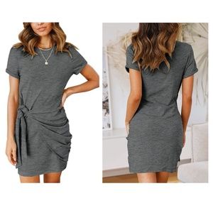 MEROKEETY Women's Short Sleeve Crew Neck T Shirt Dress Tie Waist Ruched Bodycon